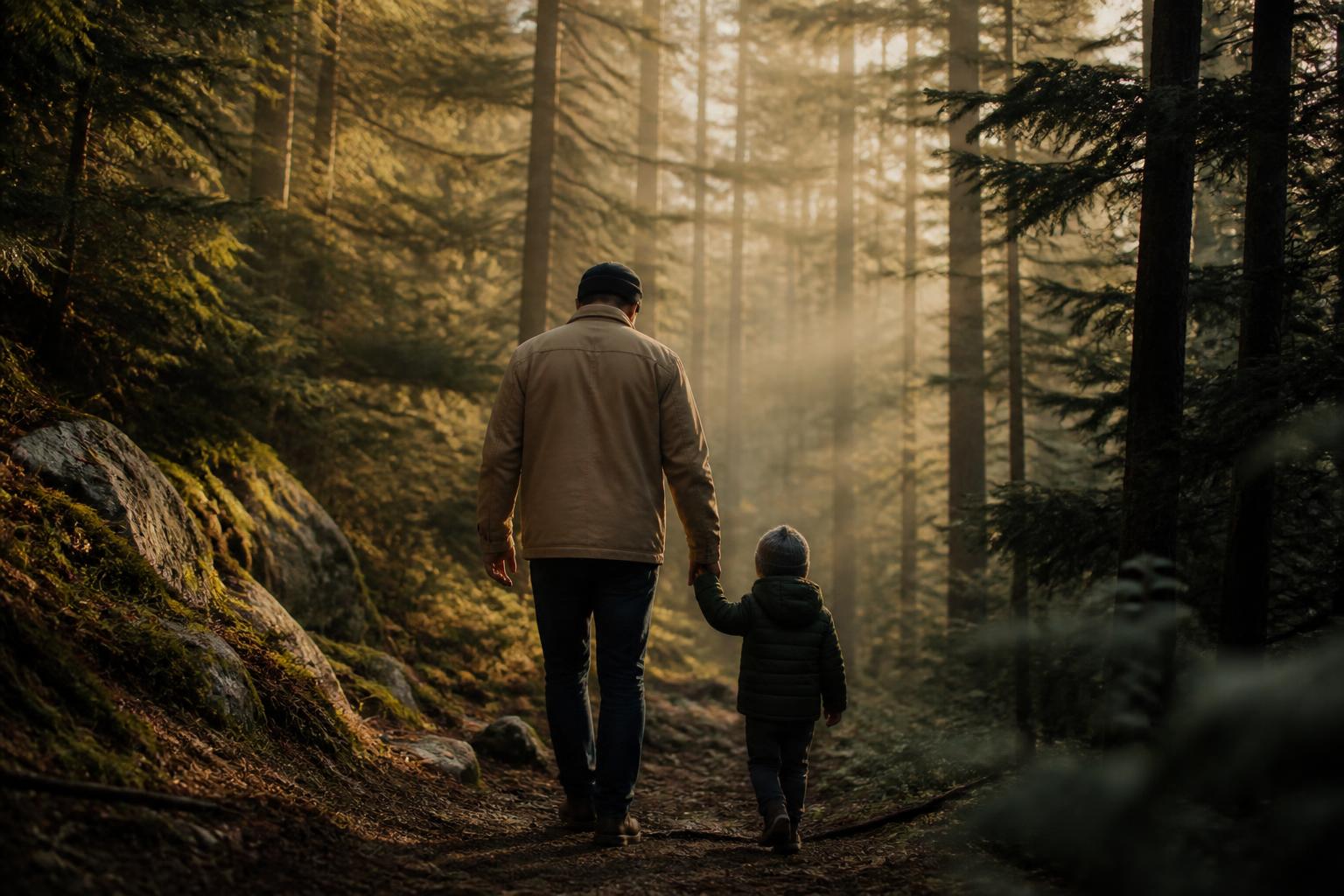 A father walking with his child through a forest